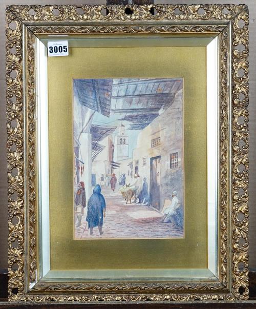 North African/Middle Eastern School, 20th Century, Figures on a street; and a companion, a pair, watercolour, each 25 x 17cm.