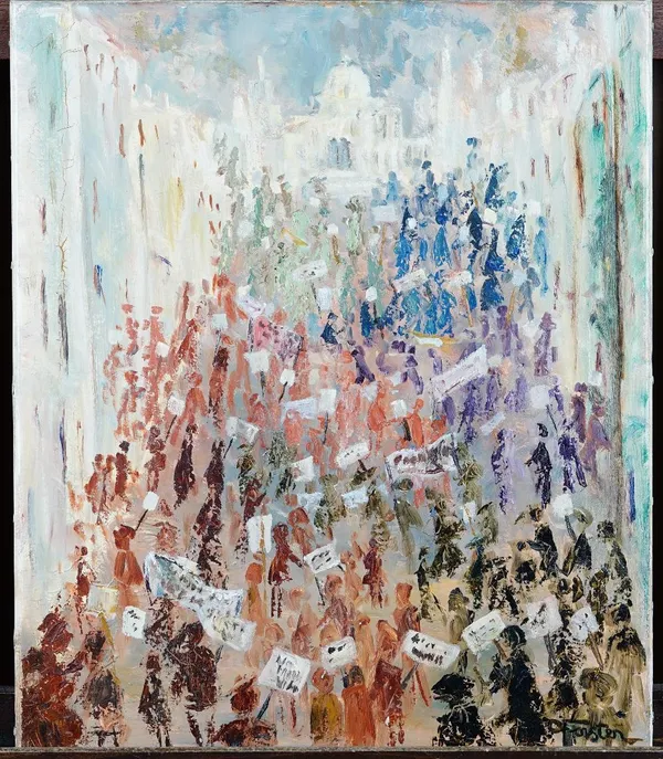 D*** Forster (British, 20th Century), A busy street scene, signed 'D Forster' (lower right), oil on canvas, 60 x 50cm, unframed, together with an unfr