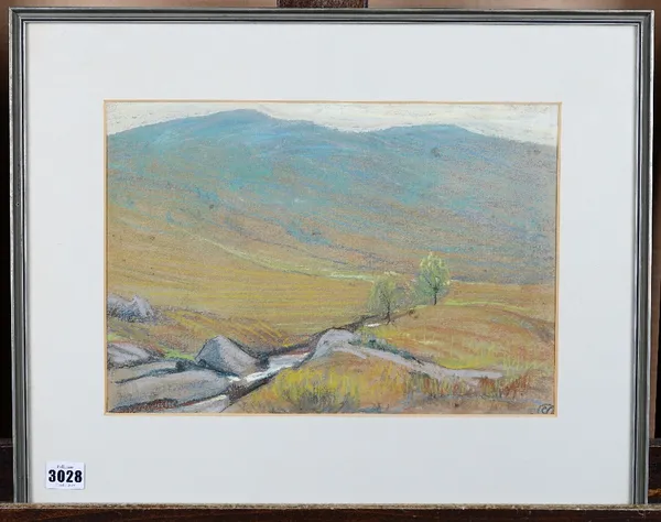 Mary Yates (British, 1891-?), A stream in a landscape, signed with cipher and bears label (verso), pastel, 25 x 36cm, together with seven other pastel