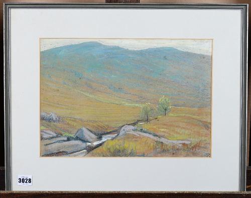 Mary Yates (British, 1891-?), A stream in a landscape, signed with cipher and bears label (verso), pastel, 25 x 36cm, together with seven other pastel