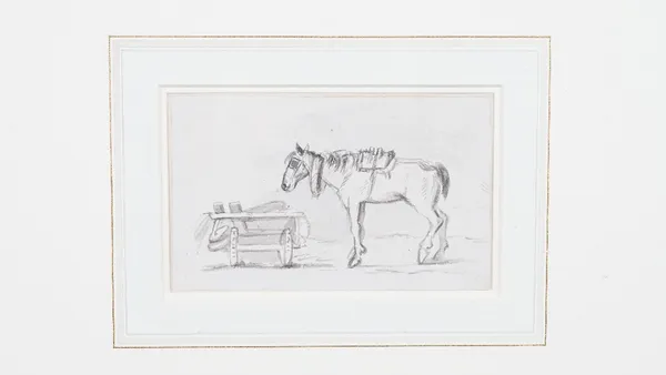 Attributed to John Nixon, A horse by its manger, bears label (verso), pen, ink and wash, 9 x 14.5cm, together with a brown wash and pencil work attrib