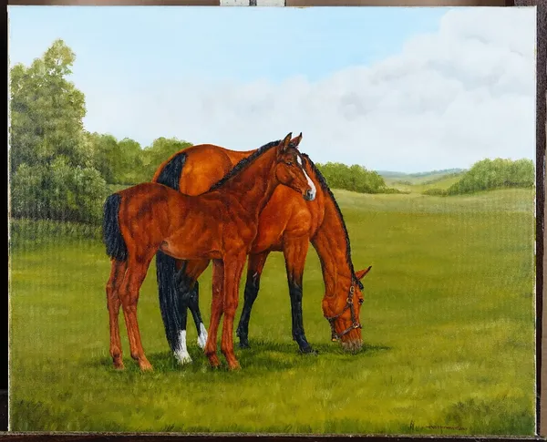 Wendy Goodwright (British, 1945-2011), A foal and a mare in a field, signed 'Wendy Goodwright' (lower right), oil on canvas, 51 x 61cm, together with