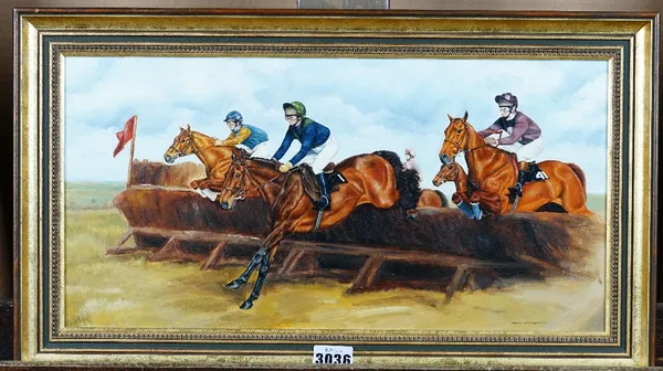 Wendy Goodwright (British, 1945-2011), A horse race, signed and dated 'Wendy Goodwright 1981' (lower right), oil on board, 21.5 x 43cm. together with