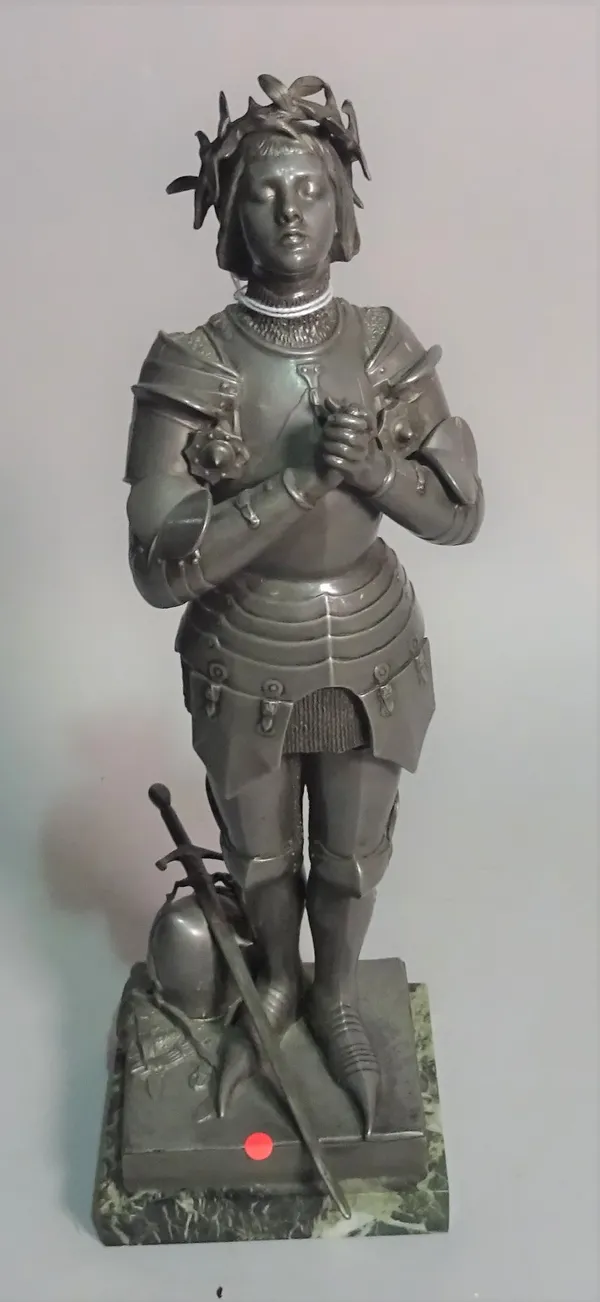 After Antonin Mercie (1845-1916), Jeanne d'Arc, composite metal, on a green marble base, 35cm high.