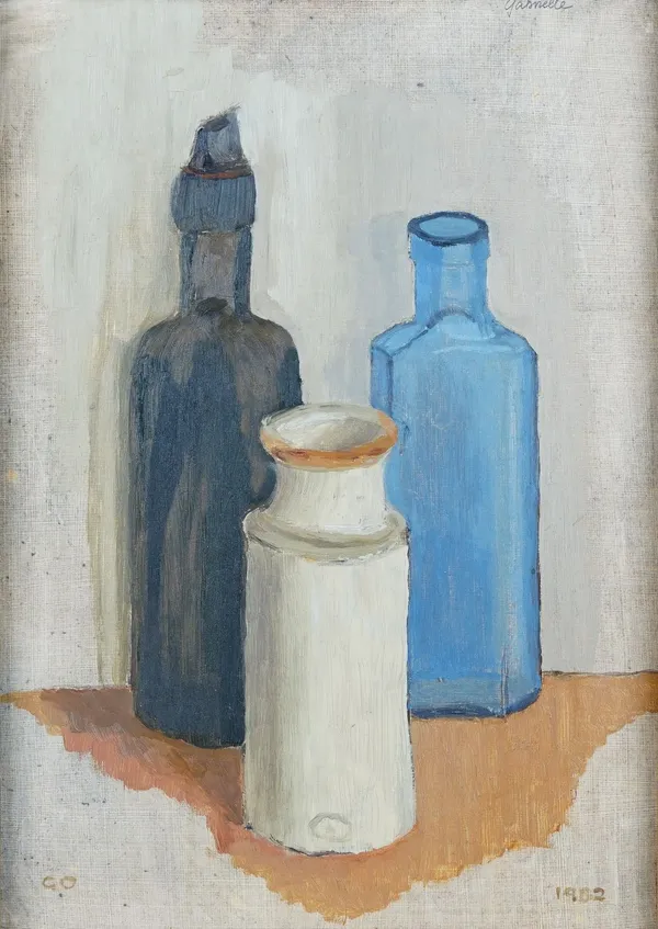 Gabrielle O*** (20th Century), Still life of three bottles, initialled (lower left) and dated '1982' (lower right), oil on board, 34 x 24cm, together