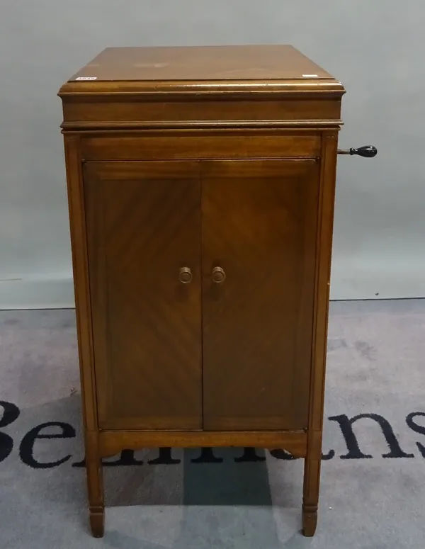 A mahogany cased HMV gramophone, 46cm wide x 51cm deep x 93cm high.