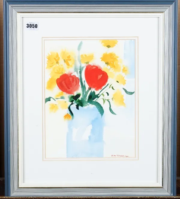 Alan Turner (British, 20th Century), Flowers in a blue vase, signed and dated 'Alan Turner 1989' (lower right), watercolour, 30 x 23cm, together with