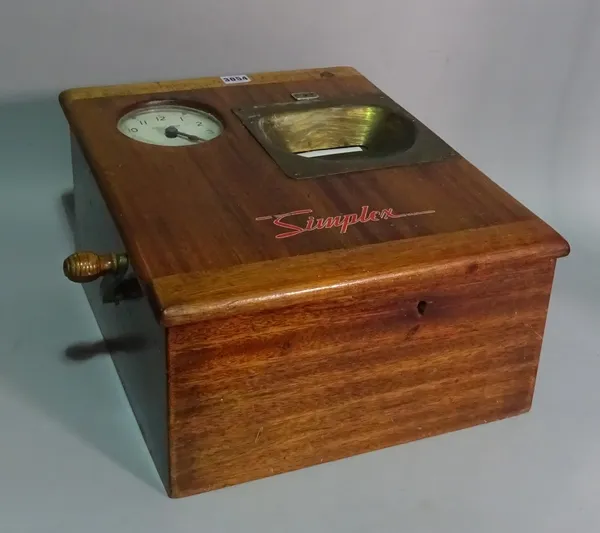 A mid 20th century 'Simplex' clocking in machine, with 'Gledhill Brook' clock, 35cm wide.