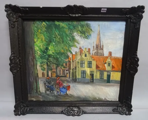 M**van Loocke (20th century), Figures in a square, Bruges, signed, oil on canvas, 58cm x 69cm.