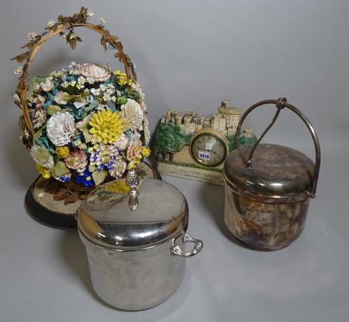 A decorative plaster mantel clock souvenir of Windsor Castle 1935, 30cm wide x 18cm high, a large Victorian style shell work floral display, 39cm high