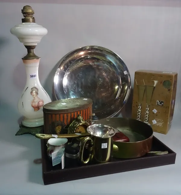 Collectables, including a copper pan, a tankard, a hip flask, a glass oil lamp and sundry.