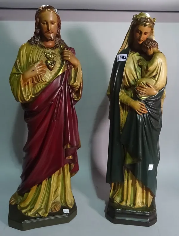 A pair of 20th century plaster figures, depicting Mary and Jesus, 65cm tall.