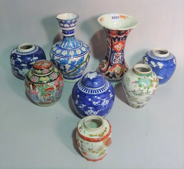 A group of Asian ceramics, including, three small Chinese blue and white jars and a cover; an Imari vase; a Kutani jar and a Multan vase.