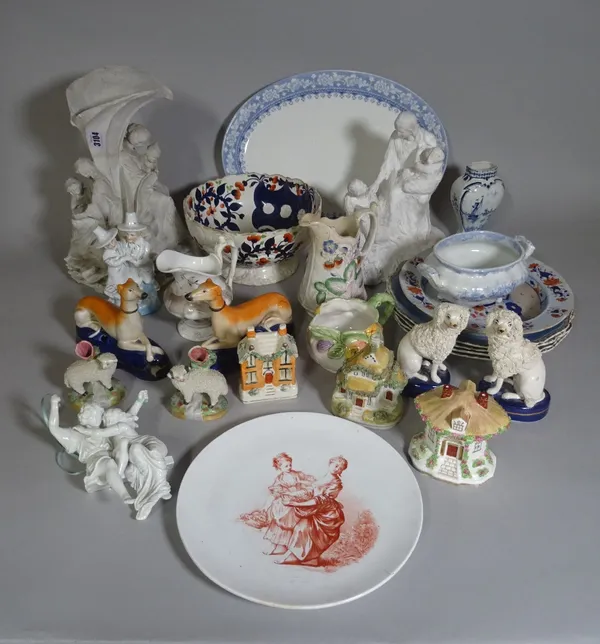 Ceramics including; three pairs of modern Staffordshire animals, a minton plate, a plaster figural vase and sundry (qty).