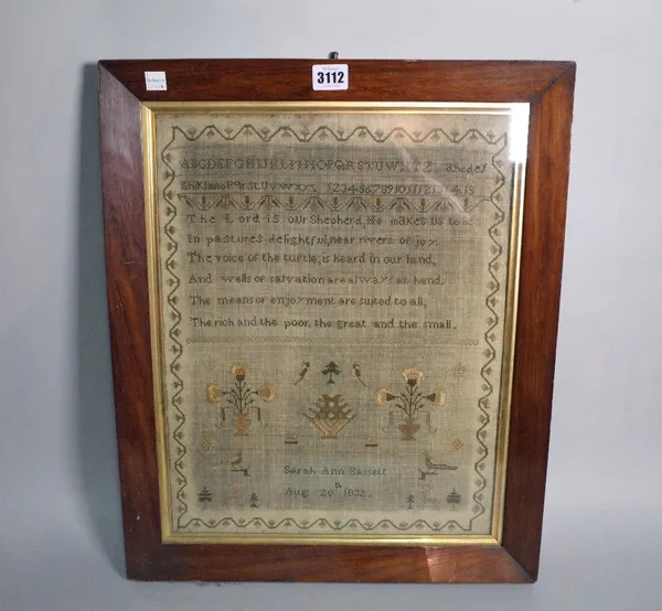 A 19th century rosewood framed sampler, 42cm wide x 51cm high.