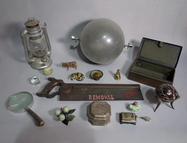 Collectables including; a serpentine paperweight, a miner's lamp, a magnifying glass, an onyx egg and sundry.