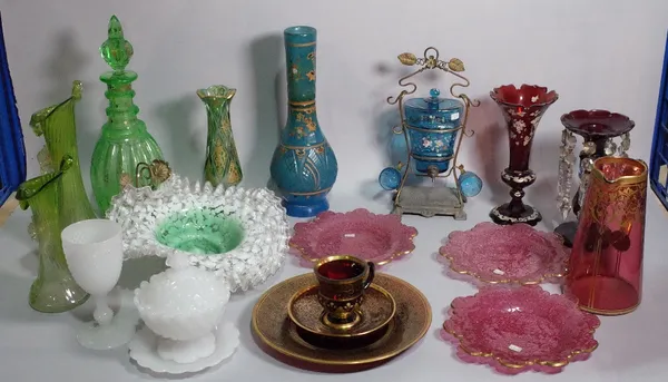 A collection of decorative coloured glass vases, bowls, decanters and sundry.