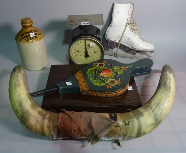 Collectables; a group including baby scales, bellows, ice skates, bull horns, shooting stick, silver plate and a stoneware jug.