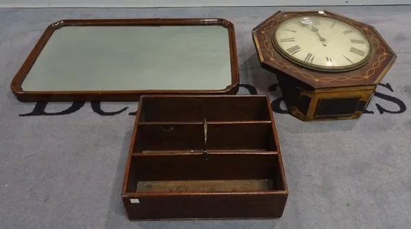 An early 20th century inlaid mahogany octagonal drop dial wall clock 45cm wide, an early 20th century mahogany three division tray and an early 20th c