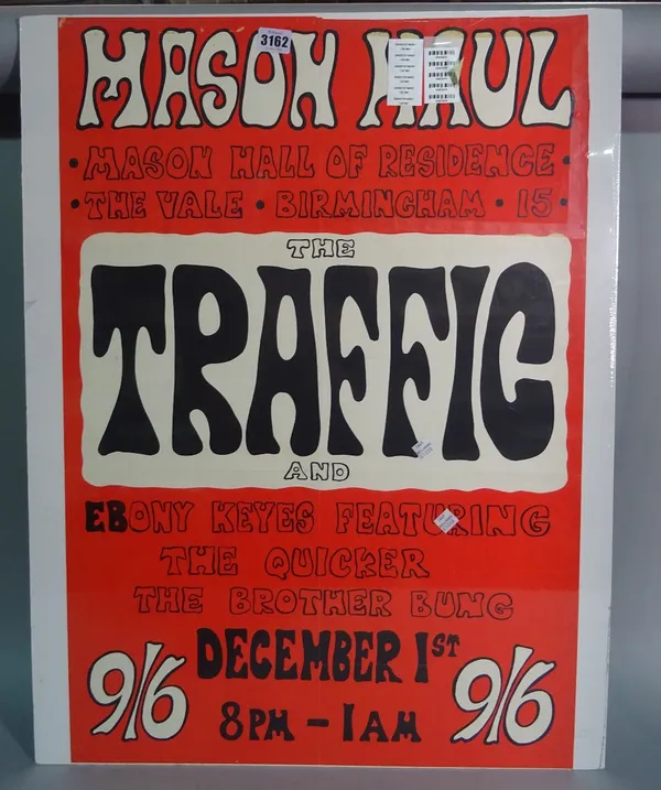 The Traffic gig poster, circa 1969, for performance at the Mason Hall of Residence, Birmingham, 49cm x 72cm.