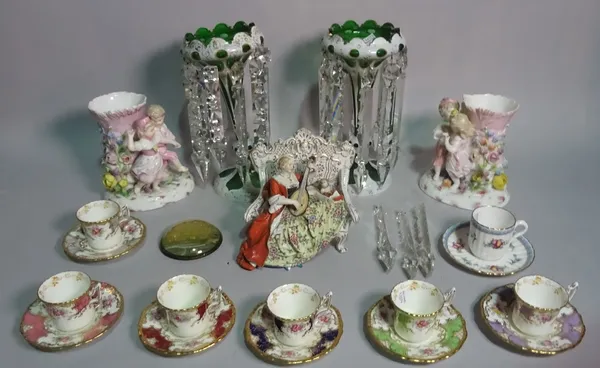 Ceramics, including; a Continental figure, a group of seven Coalport cups and saucers, a pair of green glass lustre's and sundry, (qty).