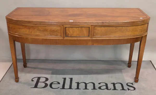 A Regency mahogany, ebony banded bowfront sideboard, the centre section with two frieze drawers, on a later stand, with square tapered legs, 153cm wid