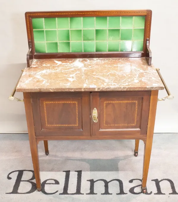 An Edwardian mahogany chequer banded washstand with tiled back and marble top, 90cm wide x 44cm deep x 106cm high.