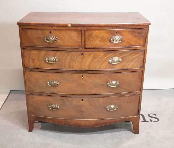 A 19th century mahogany bowfront chest of two short and three long drawers, 102cm wide x 104cm high.