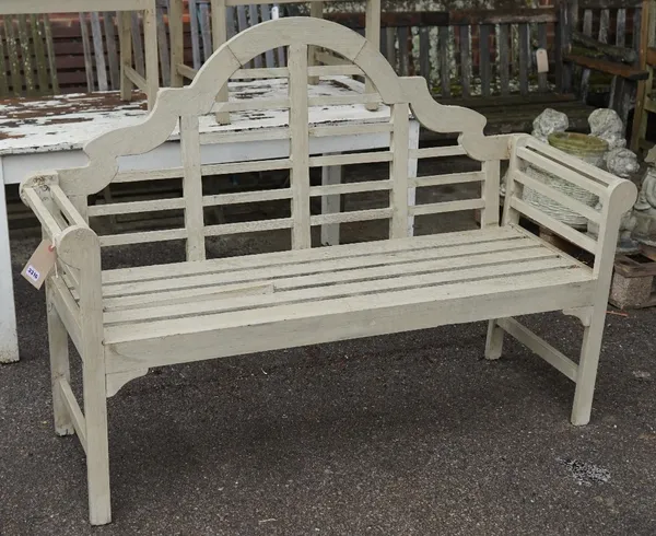 A modern grey painted Lutyens style garden bench, 150cm wide x 105cm high.