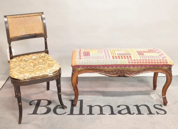 A Louis XV style stained beech rectangular footstool on cabriole supports, 89cm wide x 46cm high and a Regency ebonised and parcel gilt side chair on