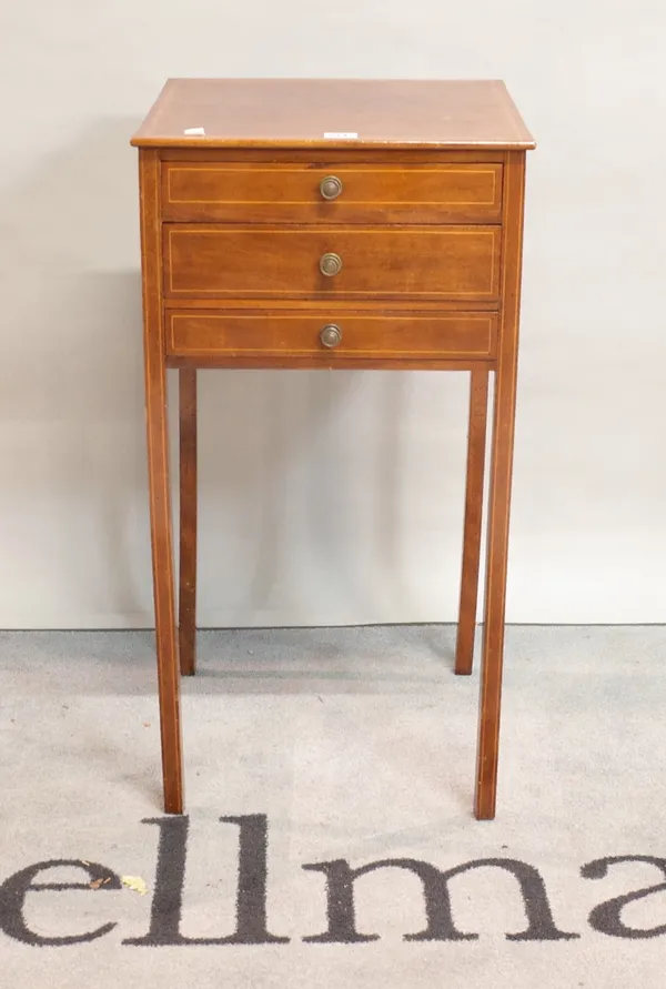 A 19th century mahogany and satinwood banded three drawer side table, 38cm wide x 74cm high