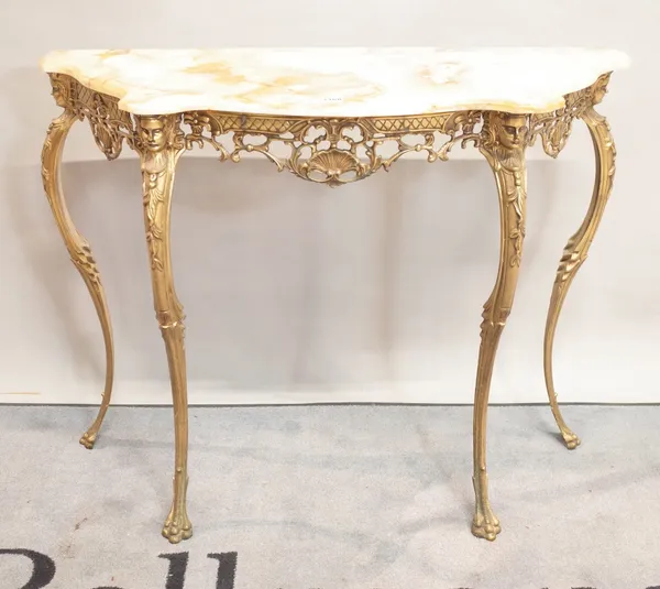 A modern gilt metal and onyx serpentine console table, 100cm wide x 79cm high