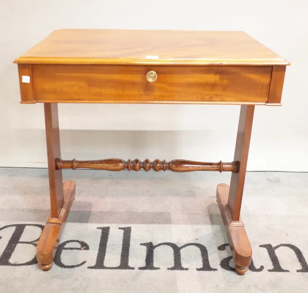 A 19th century mahogany single drawer side table, dual ended supports united by turned stretcher, 71cm wide x 75cm high