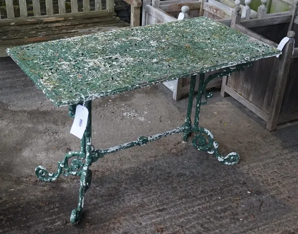 A green painted aluminum rectangular garden table, 115cm wide x 71cm high.