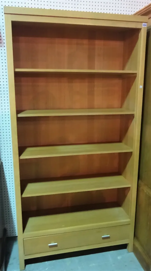 A modern oak five tier open bookcase with single drawer base, 101cm wide x 197cm high