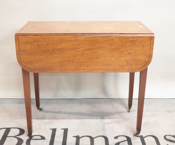 A George III mahogany single drawer Pembroke table on tapering square supports, 81cm wide x 73cm high.