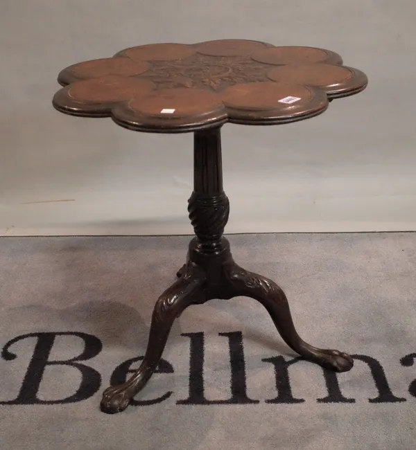 A Victorian style mahogany tripod table with turned column on three downswept supports, 56cm wide x 60cm high.