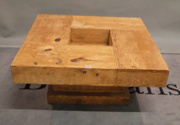 A modern oak square coffee table, on plinth base, 90cm wide x 40cm high.