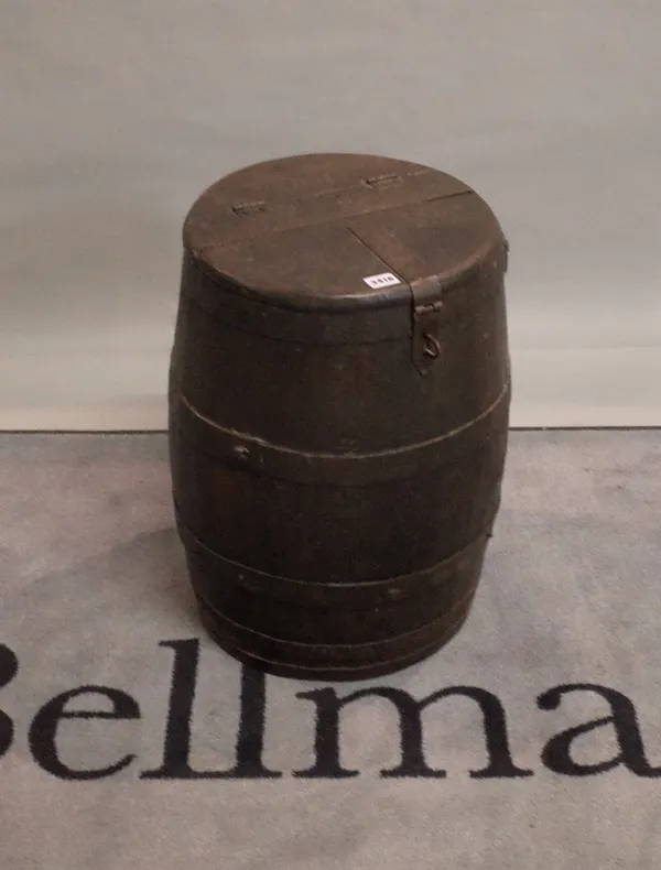 A 19th century iron bound lift top barrel, 35cm diameter x 54cm high.