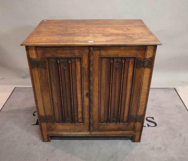 An 18th century style oak side cupboard moulded panel doors, 94cm wide x 94cm high.