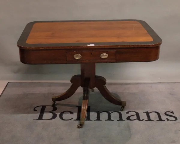 A George III yew and mahogany rectangular centre table, on four downswept supports, 110 cm wide x 74cm high.