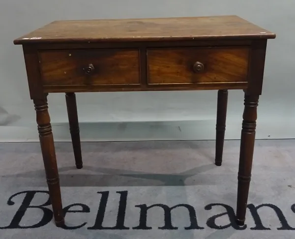 A late Victorian two drawer side table, 79cm wide x 74cm high and an 18th century style oak side table, 61cm wide x 72cm high.