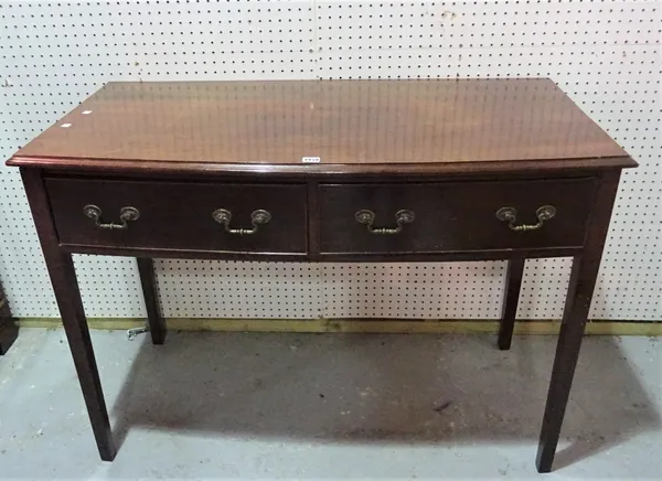 A George III style mahogany bowfront two drawer side table on tapering square supports, 118cm wide x 85cm high.