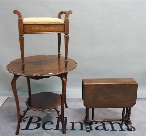 An Edwardian mahogany centre table, 75cm diameter x 70cm high, an Edwardian mahogany drop flap side table, 56cm wide x 56cm high and an Edwardian inla