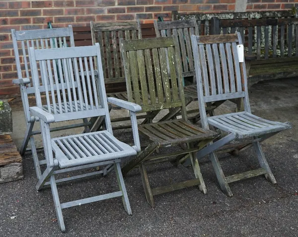 A matched set of six modern grey painted hardwood folding garden chairs to include two carvers, 46cm wide x 93cm high (6).