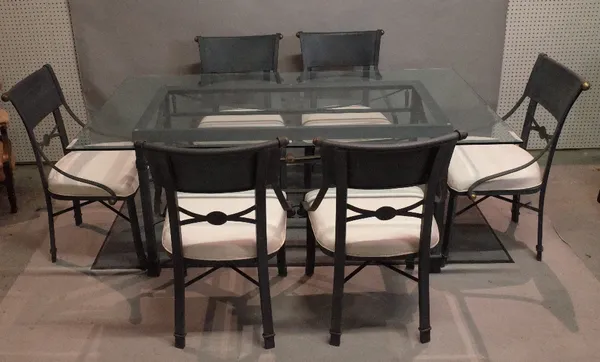 A modern metal and glass rectangular dining table by Kesterport, together with six matching metal chairs, 188cm wide x 73cm tall (7).