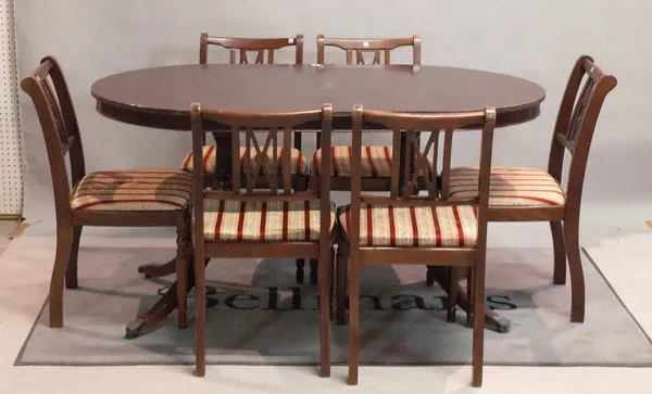 A modern Regency style mahogany twin pillar dining table together with six matching chairs, 154cm wide x 90cm deep (7).