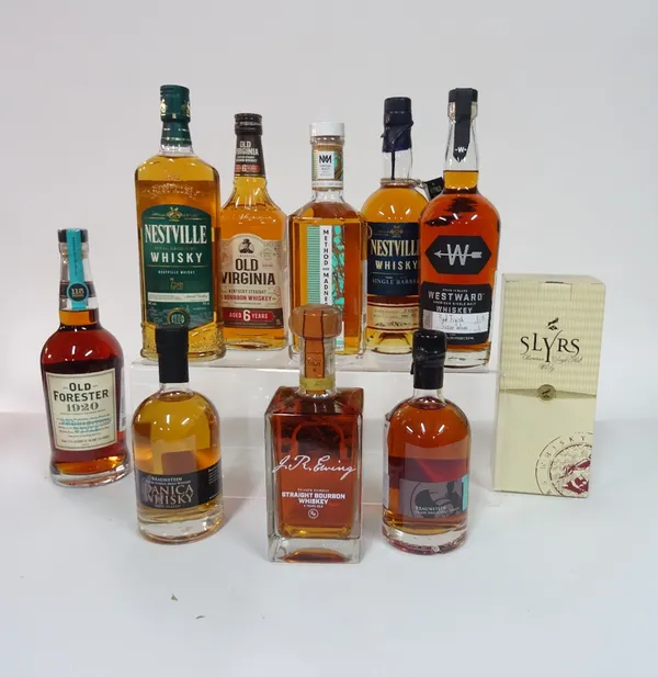 Box 70 - Whisky (10 bottles) Slyrs single Malt Whisky Method and madness Irish Whisky J. R Ewing Bourbon Whisky Westwood American Malt Whisky Nestvill