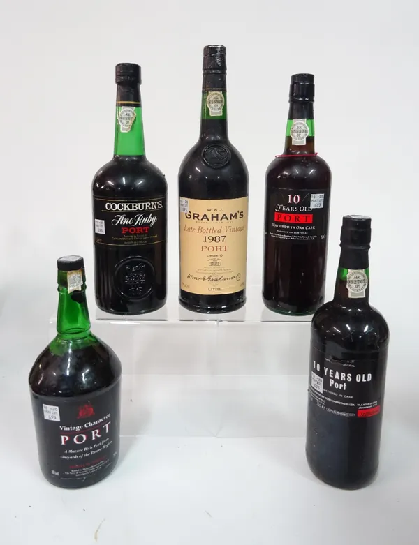 Five bottles of Port, including: Graham's LBV 1987; St Michael's Vintage Character; St Michaels 10 Yr old and Cockburn's Fine Ruby. (5)