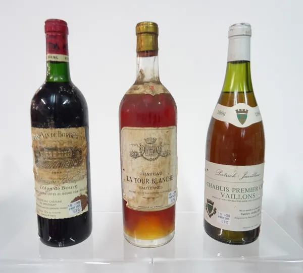 Three bottles of wine, including: Chateau La Tour-Blanche Sauternes 1953; Chateau du Bousquet Bordeaux 1988;Patrick Javillier Chablis Premier Cru, 198
